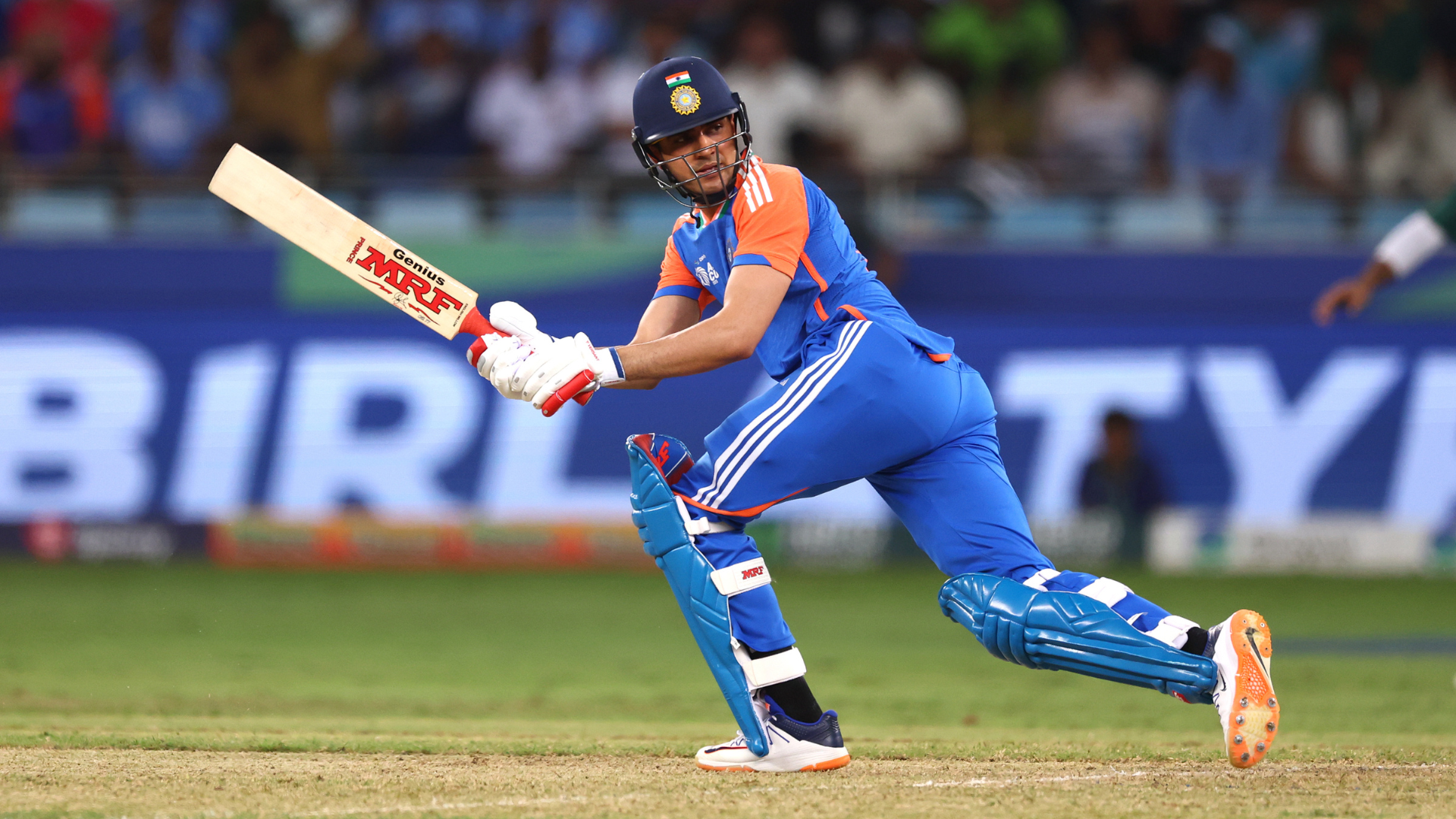 Shubman Gill of India bats during the Asia cup match between India and Pakistan at Dubai International Stadium on September 21, 2025 in Dubai, United Arab Emirates.