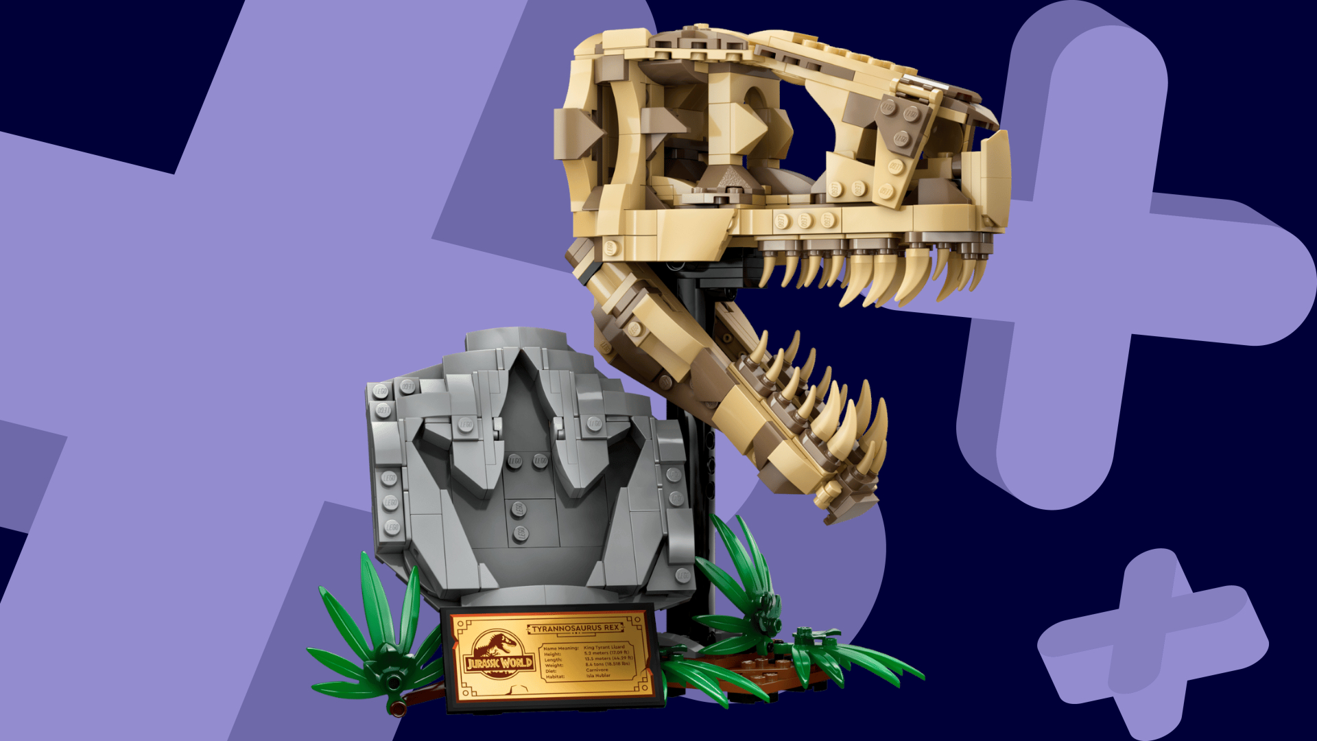 Lego Jurassic World T.rex Skull on a blue background