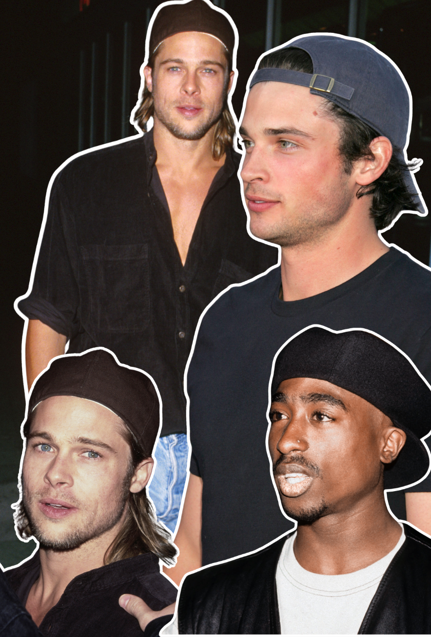 Image of the backwards hat trend on Tupac Shakur, Brad Pit, Tom Welling and Brad Pitt again