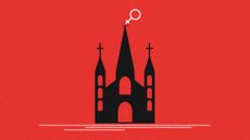 Illustration of a church building with a female gender symbol toppling from the spire