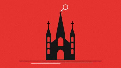 Illustration of a church building with a female gender symbol toppling from the spire