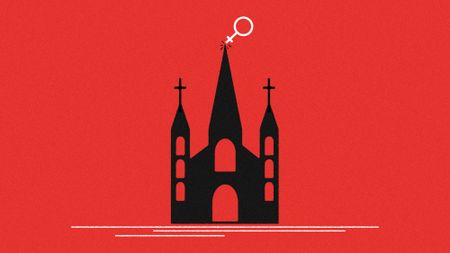 Illustration of a church building with a female gender symbol toppling from the spire