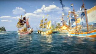 A flotilla of ships of different colors on a sunny day in Skull and Bones