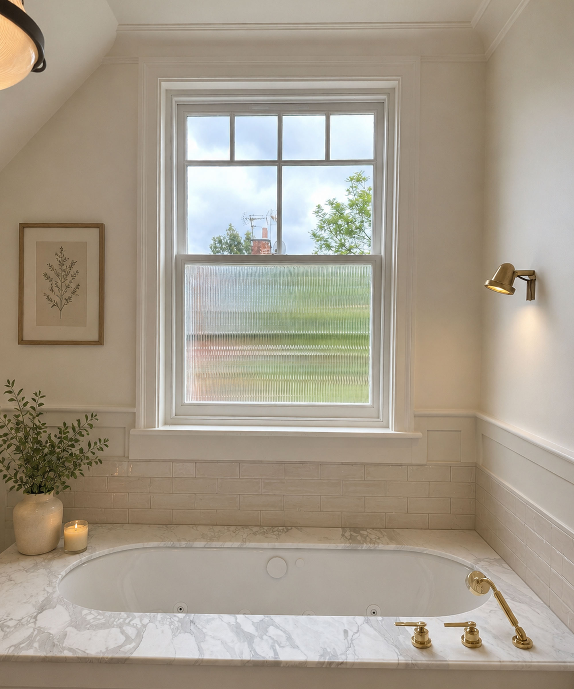 bathroom with built-in bath with marble bath surround and window with reeded glass effect window film