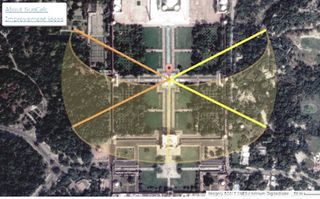 From the vantage point of the Taj Mahal's central spring, there are alignments between the pathways during the solstice. In this image, the top yellow and orange lines represent sunrise and sunset on the summer solstice, while the bottom yellow and orange lines represent sunrise and sunset on the winter solstice.