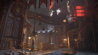 An image of the Carnival, an upcoming zone in Warhammer 40,000: Darktide: a sprawling, dirty entertainment district slum filled with forbidden pleasures and murderous alleys.