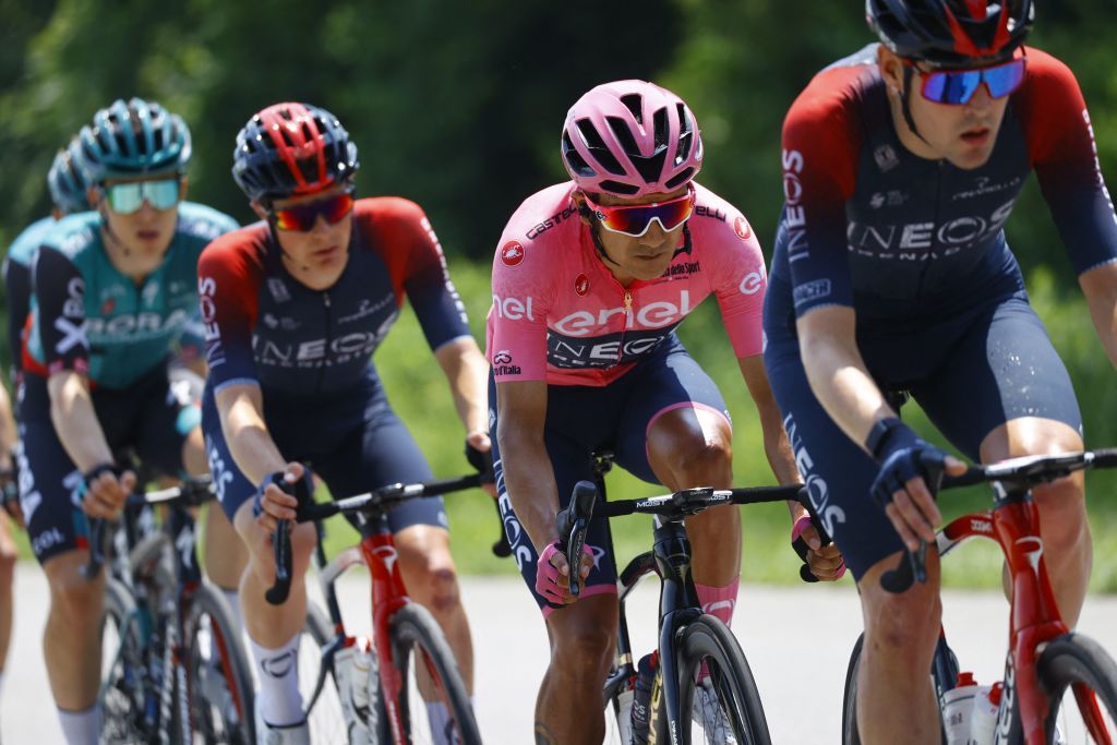 Overall leader Team Ineos Ecuadorian rider Richard Carapaz C rides during the 19th stage of the Giro dItalia 2022 cycling race 178 kilometers from Marano Lagunare to Santuario di Castelmonte northeastern Italy on May 27 2022 Photo by Luca Bettini AFP Photo by LUCA BETTINIAFP via Getty Images