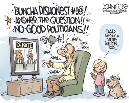 Political Cartoon U.S. Trump Biden debate mute button