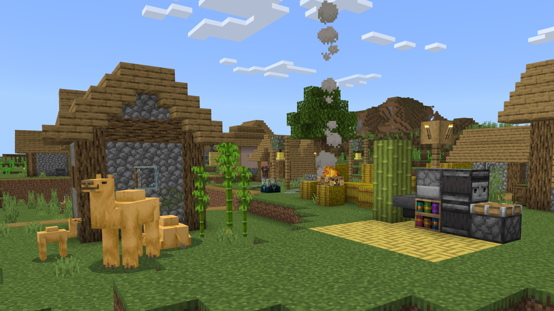 Minecraft Preview 1.19.60.23, set in a village with camels, chiseled shelves, bamboo, and more.
