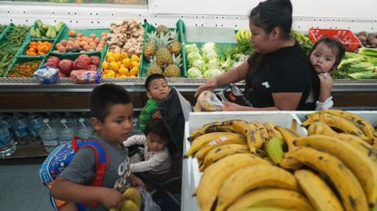 An immigrant mother purchases fresh fruits for her children with the balance left on her California EBT (Electronic Benefit Transfer) card used for SNAP benefits, in Los Angeles, Oct. 2025