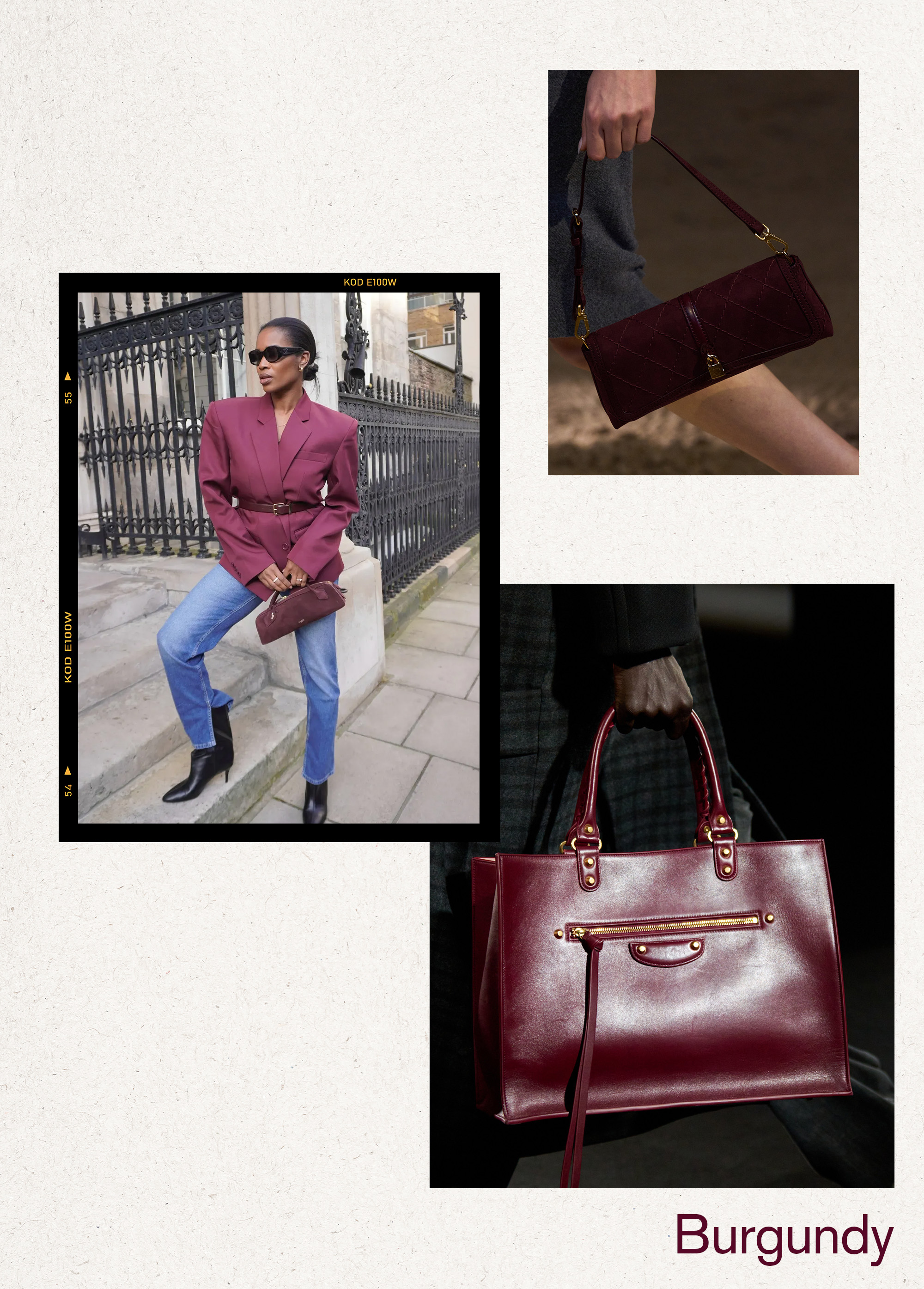 Collage of women, handbags, and runway imagery of the best spring 2026 handbag color trends.