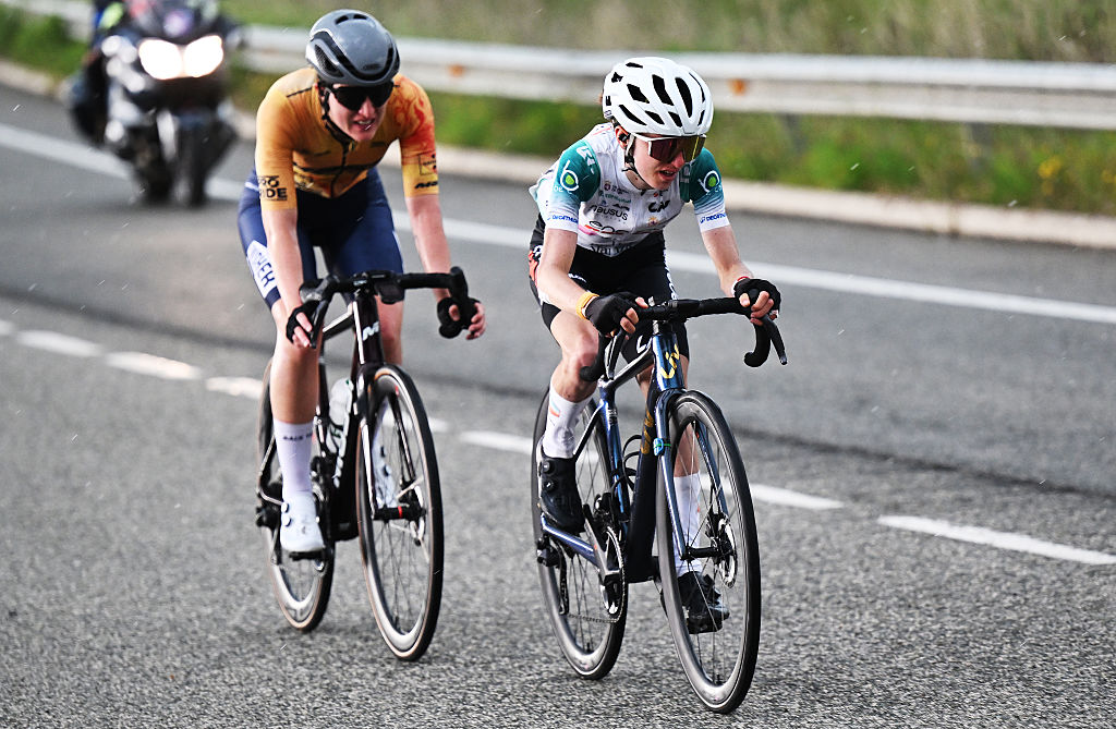 PAMPLONA SPAIN MAY 14 LR Eukene Larrarte Arteaga of Spain and Massi Baix Ter Womens Team and Nicole Steinmetz of Germany and EneicatCm Team compete in the breakaway during the 5th Navarra Womens Elite Classics 2025 a 1344km one day race from Pamplona to Pamplona on May 14 2025 in Pamplona Spain Photo by Szymon GruchalskiGetty Images