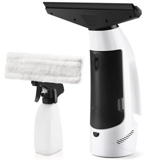 Black and white window vacuum with matching squeegee that has a spray trigger that works through a microfiber head for cleaning