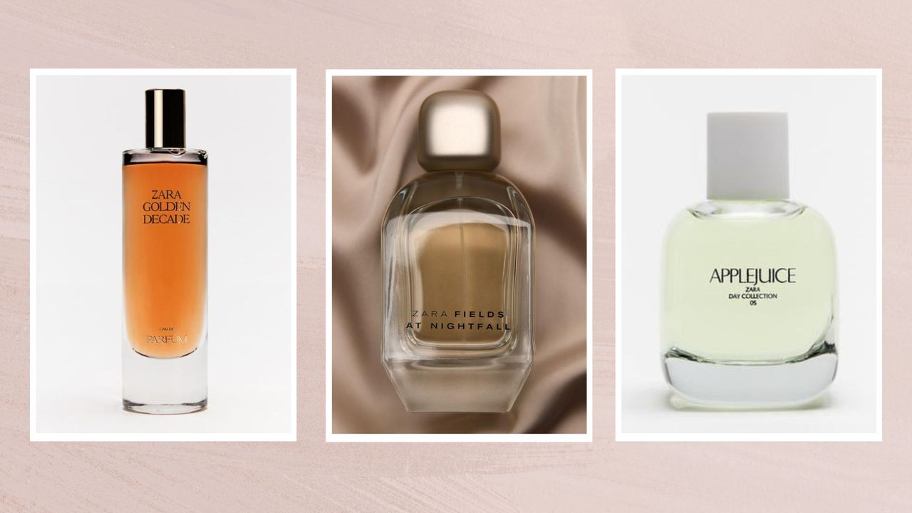 A selection of the best Zara perfumes, including Red Temptation, Applejuice and Golden Decade, pictured in a purple and peach watercolour paint-style template