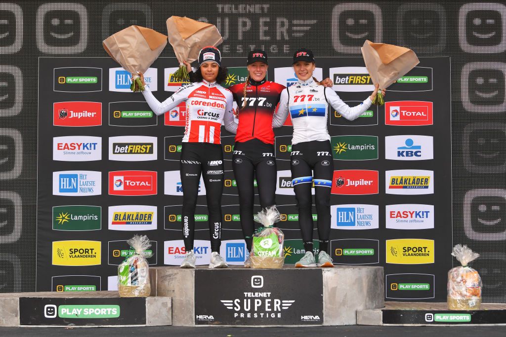 ZONHOVEN BELGIUM DECEMBER 08 Podium Ceylin del Carmen Alvarado of the Netherlands and Team Corendon Circus Silver Medalist Annemarie Worst of The Netherlands and Team 777 Gold Medalist Yara Kastelijn of the Netherlands and Team 777 Bronze Medalist during the 24th Superprestige Zonhoven 2019 Women Elite superprestige zonhoven TelenetSuperprestige on December 08 2019 in Zonhoven Belgium Photo by Luc ClaessenGetty Images
