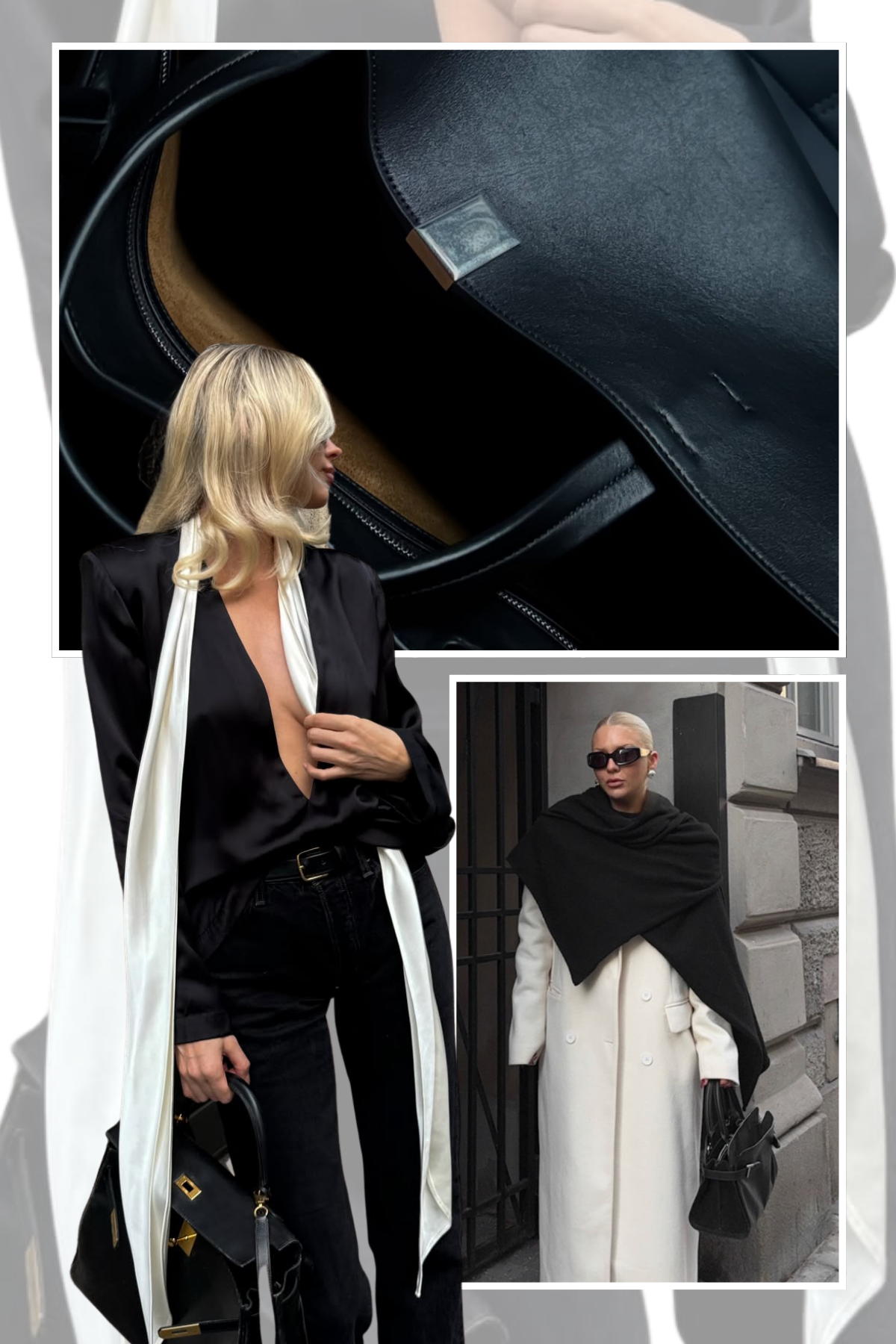 A selection of stylish fashion people carrying boxy, worky looking black tote bags