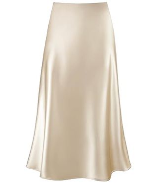 Women's Satin High Waist Hidden Elasticized Waistband Flared Casual a Line Midi Skirt Champagne