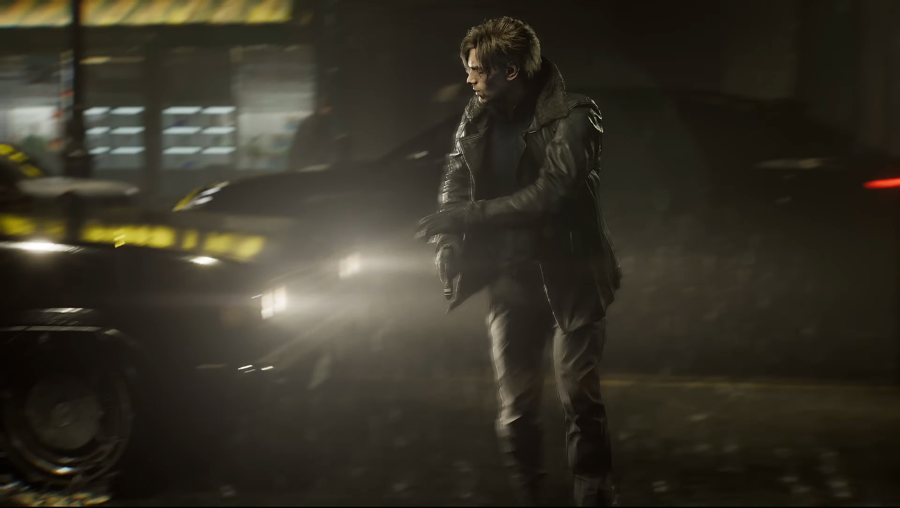 Leon running through traffic in Resident Evil Requiem