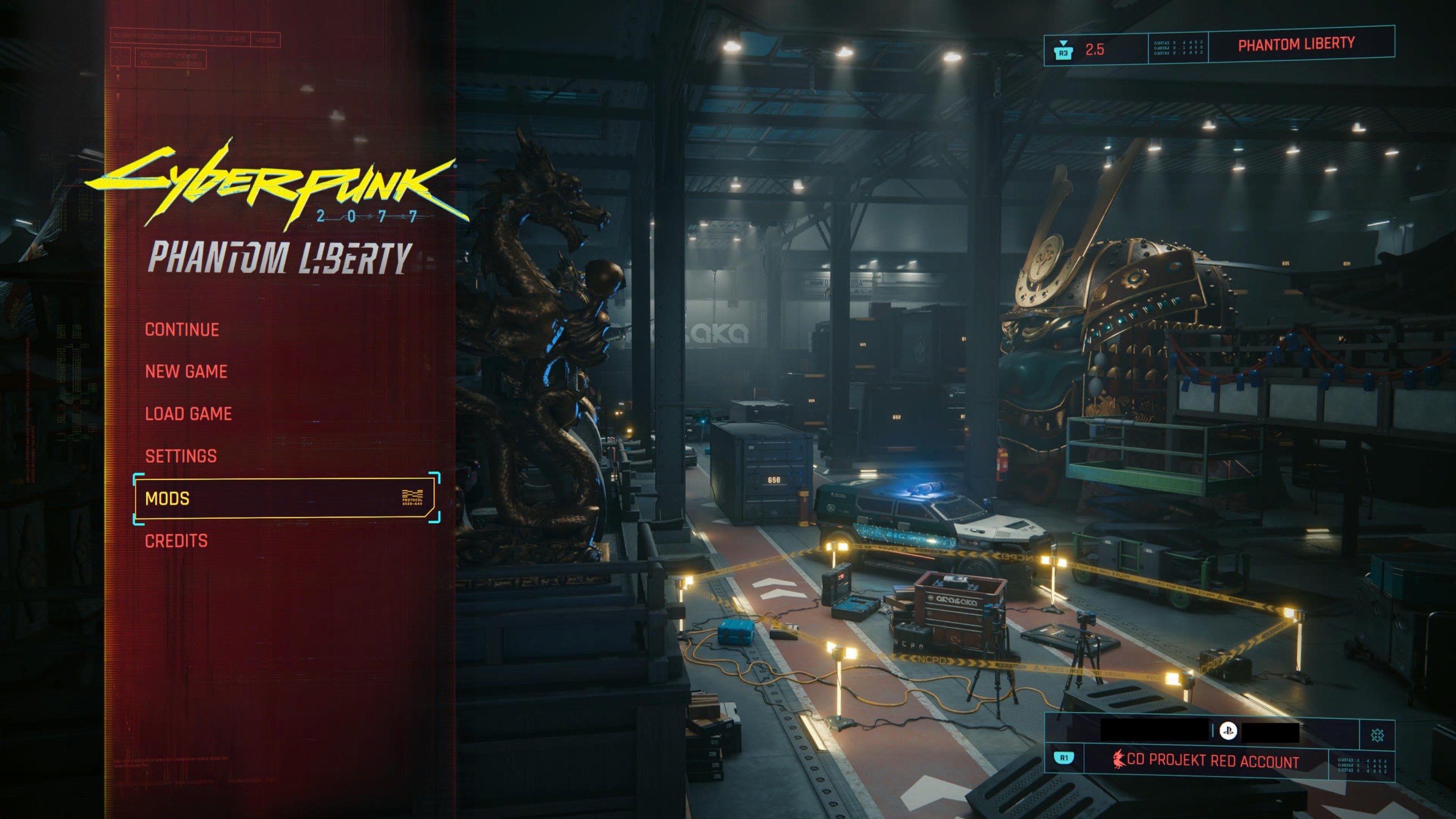 Mods in Cyberpunk 2077 accessed from the main screen