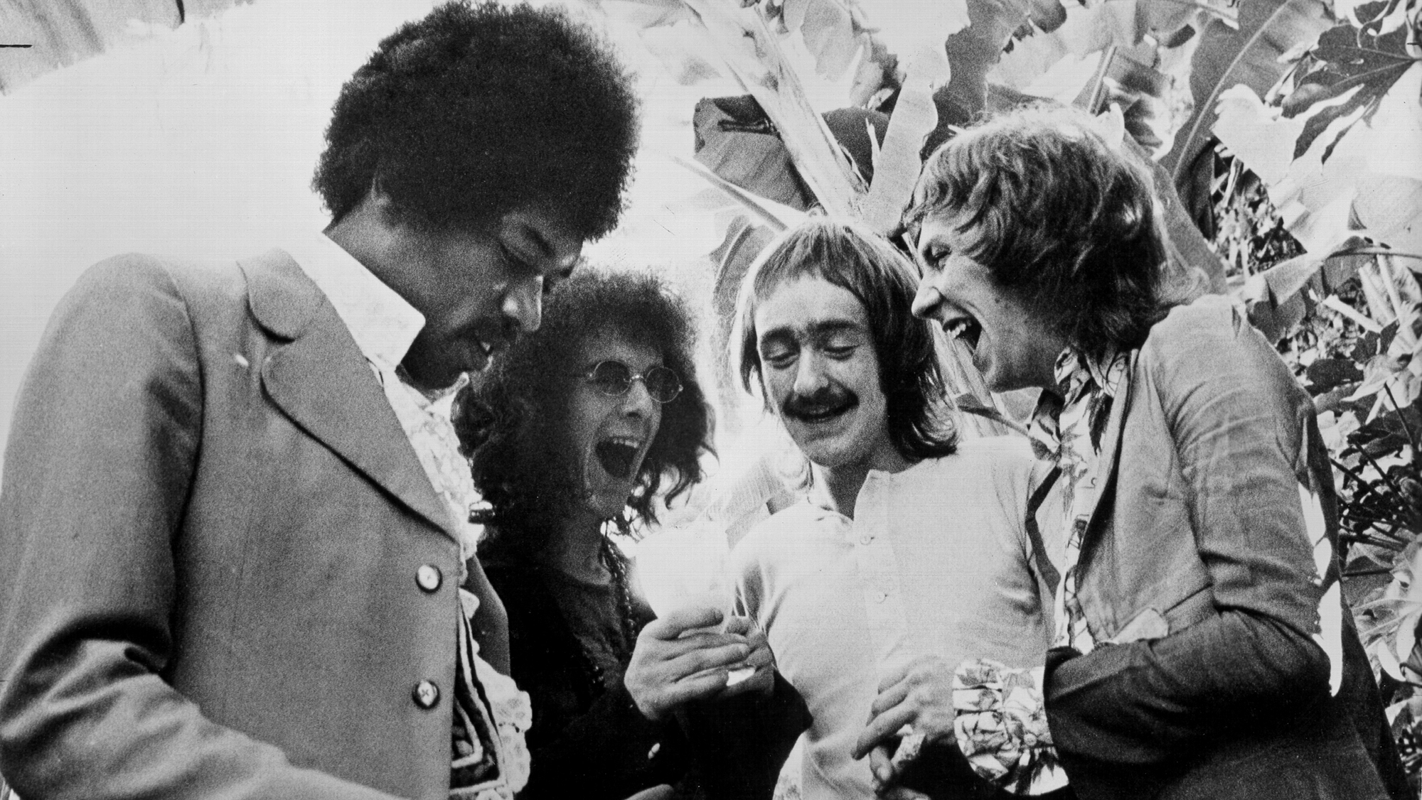 Rock band "The Jimi Hendrix Experience" joke around with Dave Mason of the rock band "Traffic" in 1967 in the United Kingdom. (L-R) Jimi Hendrix, Noel Redding, Dave Mason, Mitch Mitchell.