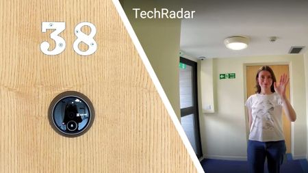 Split image of Ezviz peephole camera installed in door, and footage captured by the camera in the Ezviz app