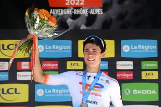GAP FRANCE JUNE 10 Valentin Ferron of France and Team Total Energies celebrates winning the stage on the podium ceremony after the 74th Criterium du Dauphine 2022 Stage 6 a 1964km stage from Rives to Gap 742m WorldTour Dauphin on June 10 2022 in Gap France Photo by Dario BelingheriGetty Images