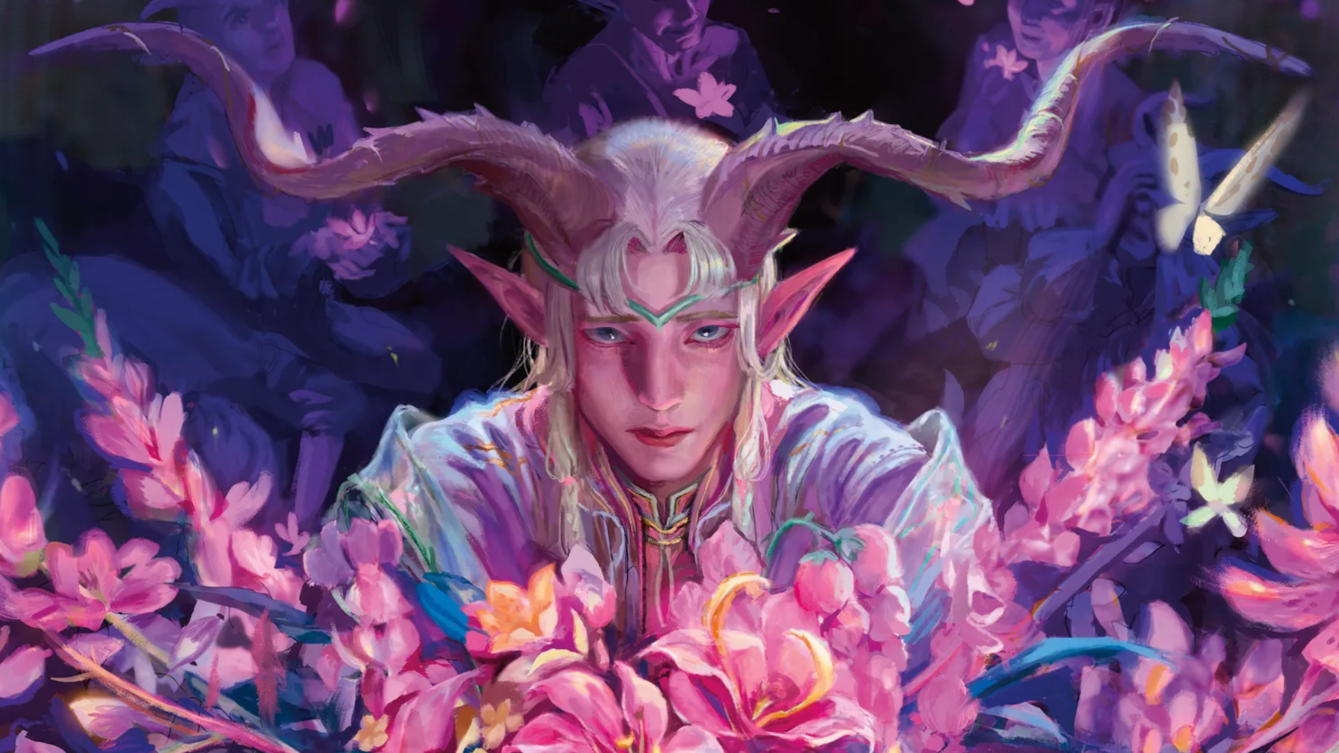 A horned elf looks out at the viewer behind flowers, with a slightly worried expression