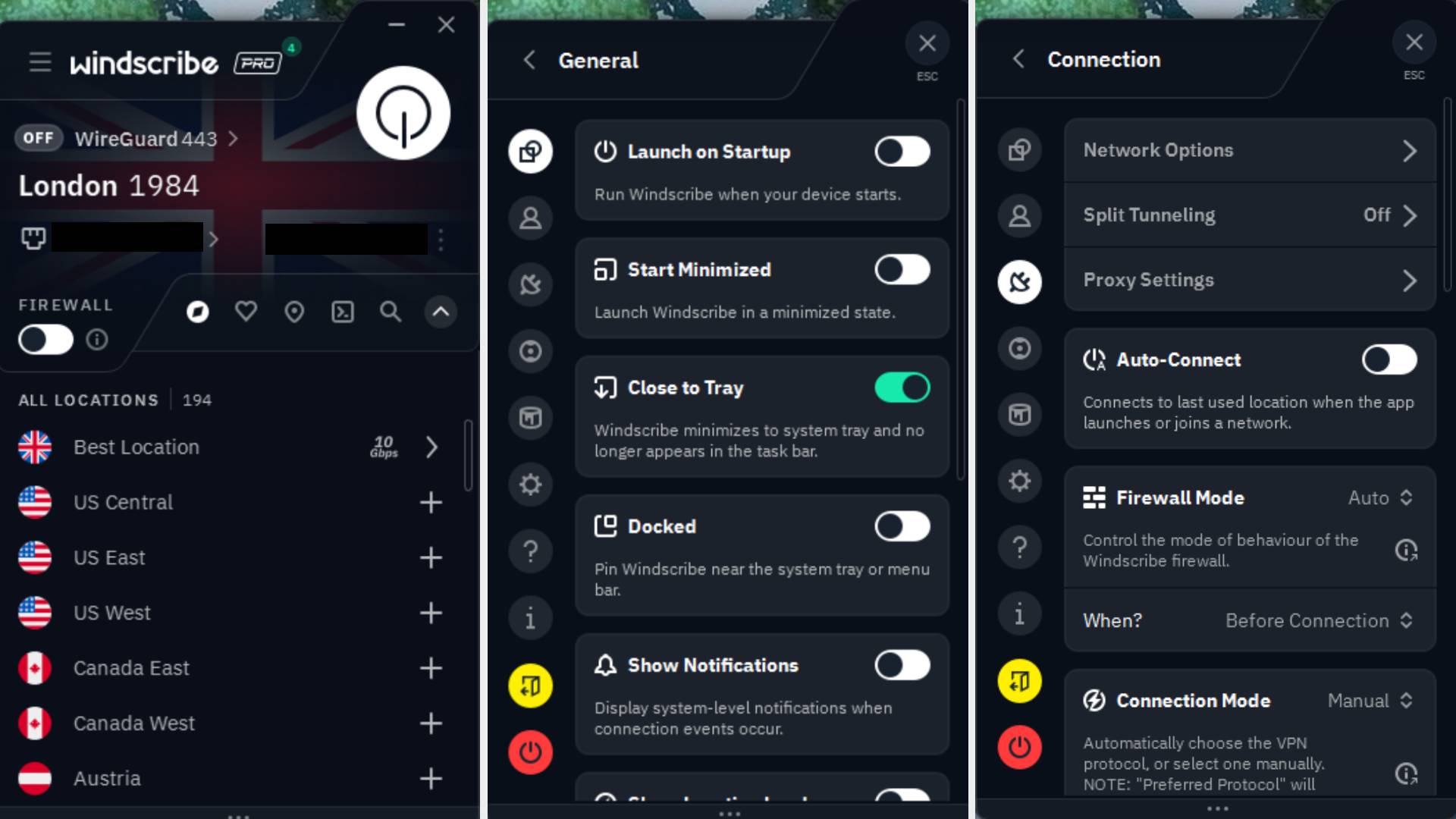 Three screenshots of the Windscribe VPN app on Windows 11.