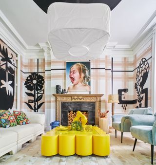 contemporary living room with cream rug and yellow coffee table