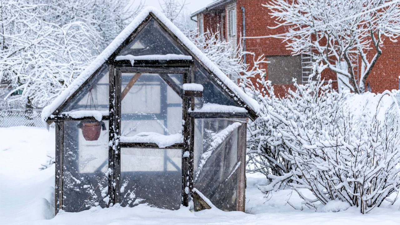 Wood frame greenhouse in the snow