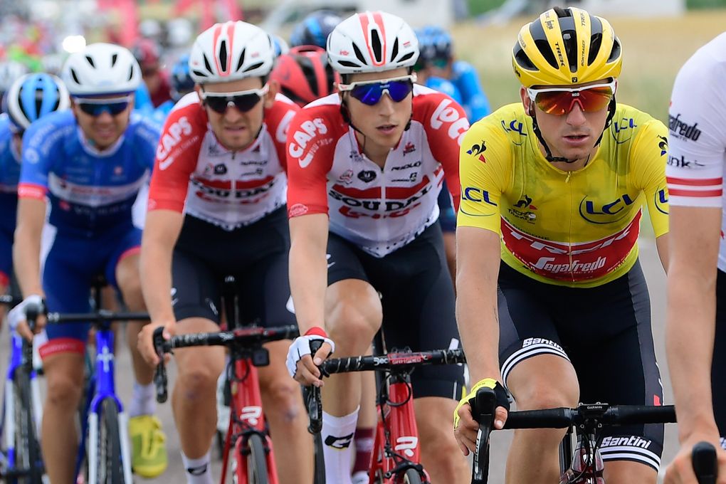 Giulio Ciccone in yellow during stage 7 at the Tour de France