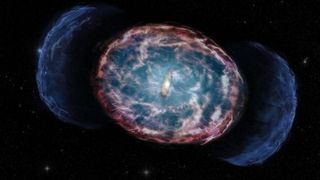 An artist’s conception illustrates the aftermath of a “kilonova,” a powerful event that happens when two neutron stars merge.
