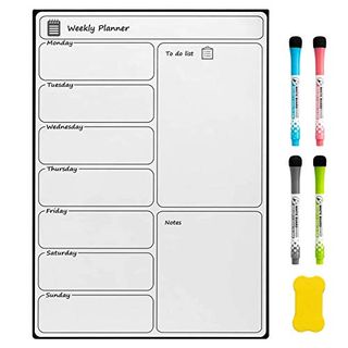 Doeworks Fridge Magnetic Whiteboard, Weekly Planner Memo Board A3 Notice Board With 4 Marker Pens 1 Eraser, Drywipe Magnet Fridge Board for Kitchen