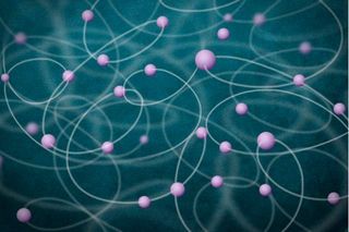 an illustration showing a large number of atoms (purple) mutually entangled with one another.