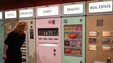Museum-goer examining the Wes Anderson exhibit