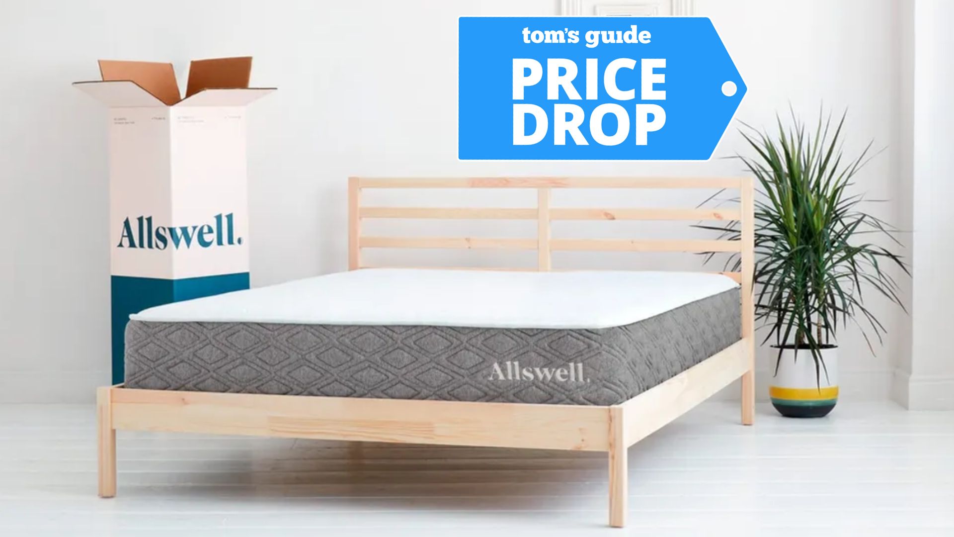 Grey and white Allswell Luxe mattress on wooden bedframe next to mattress box and plant in white bedroom