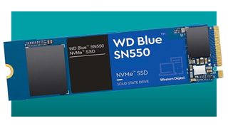 The WD Blue SN550 NVMe M.2 SSD on a blue background