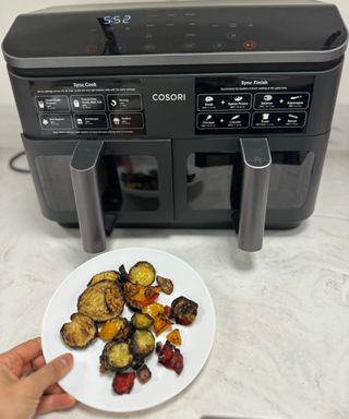 Zucchini and mixed peppers cooked in the Cosori dual basket air fryer