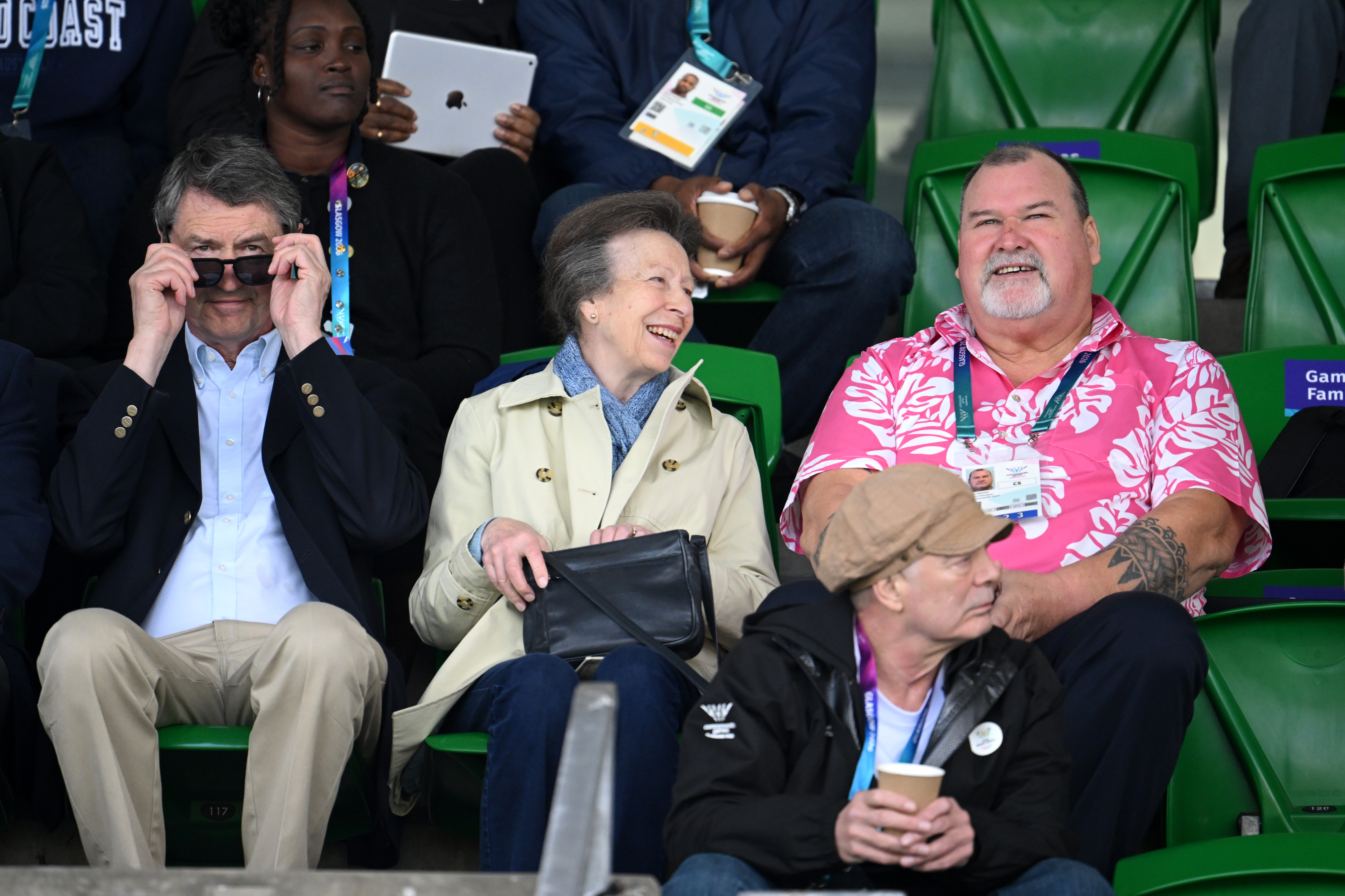 Princess Anne, Tim Laurence and Hugh Graham, Commonwealth Sport Vice President, sit in the stands at the Glasgow 2026 Commonwealth Games