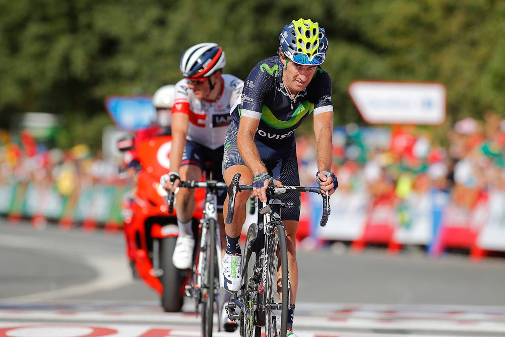 Matthias Frank (IAM Cycling) finishes behind Movistar's Daniel Moreno during stage 6 at the Vuelta.
