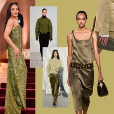 collage of tessa thompson 2026 golden globes dress, fall 2026 runway images from tory burch, ashlyn, ulla johnson, and calvin klein