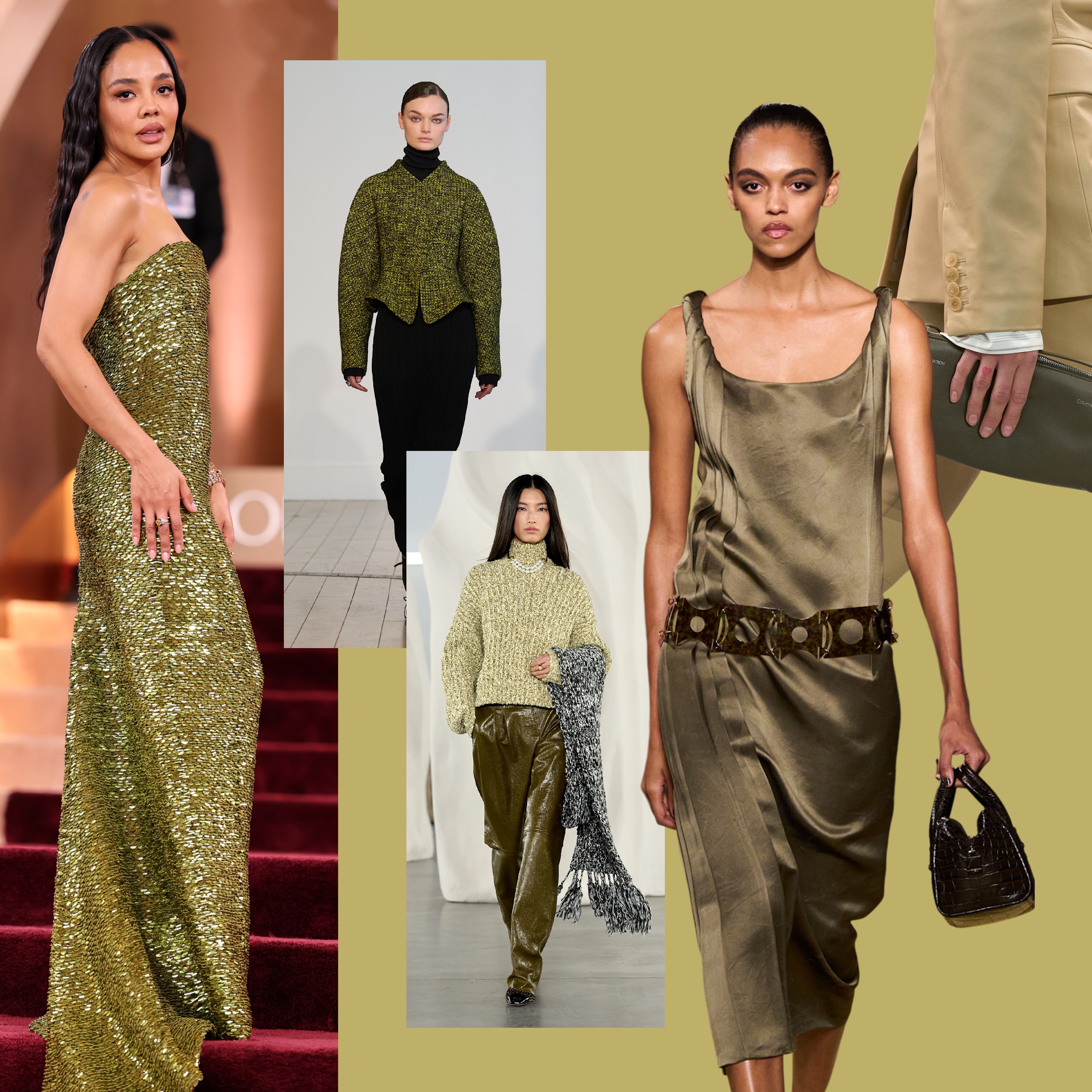 collage of tessa thompson 2026 golden globes dress, fall 2026 runway images from tory burch, ashlyn, ulla johnson, and calvin klein