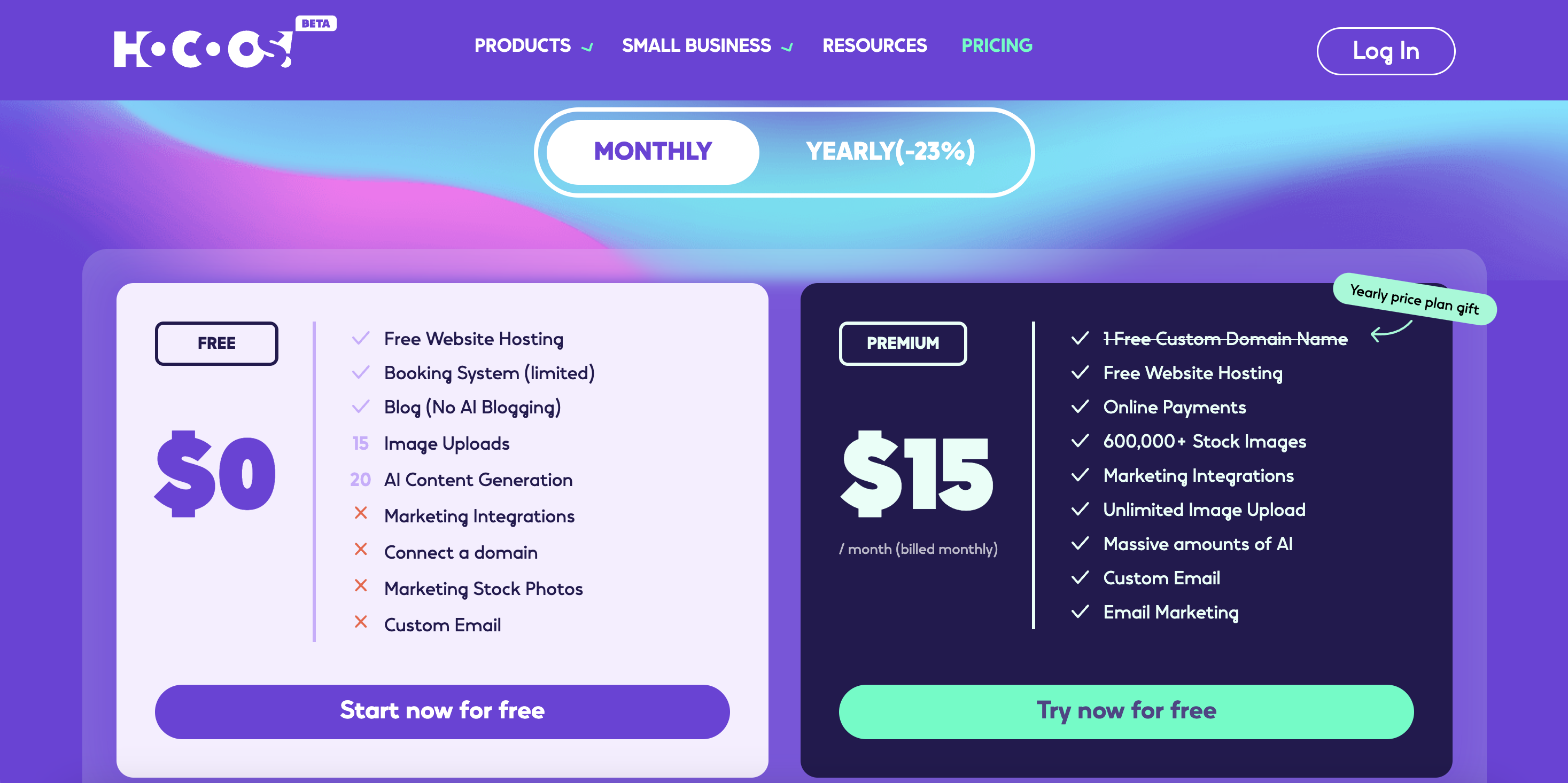 screenshot of hocoos pricing page