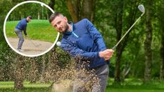 Barry Plummer hitting a bunker shot at Mellor Golf Club, with sand and the ball popping up after impact