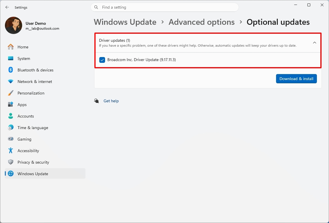 Settings app on Optional updates checking for driver updates.
