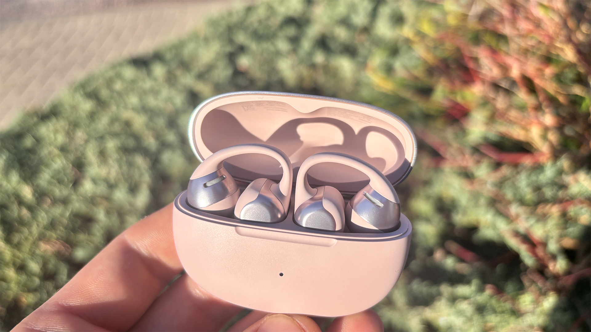 Shokz OpenDots One open earbuds in case held in hand in garden
