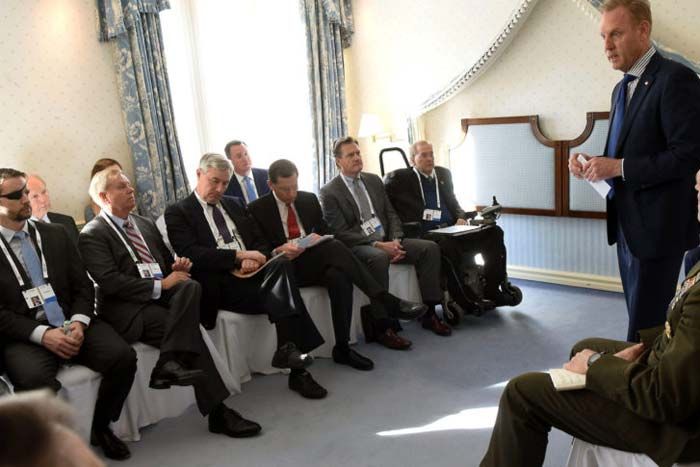 Acting Secretary of Defense Patrick Shanahan meets with a U.S. congressional delegation on the sidelines of the Munich Security Conference, Munich, Germany, Feb. 16, 2019.