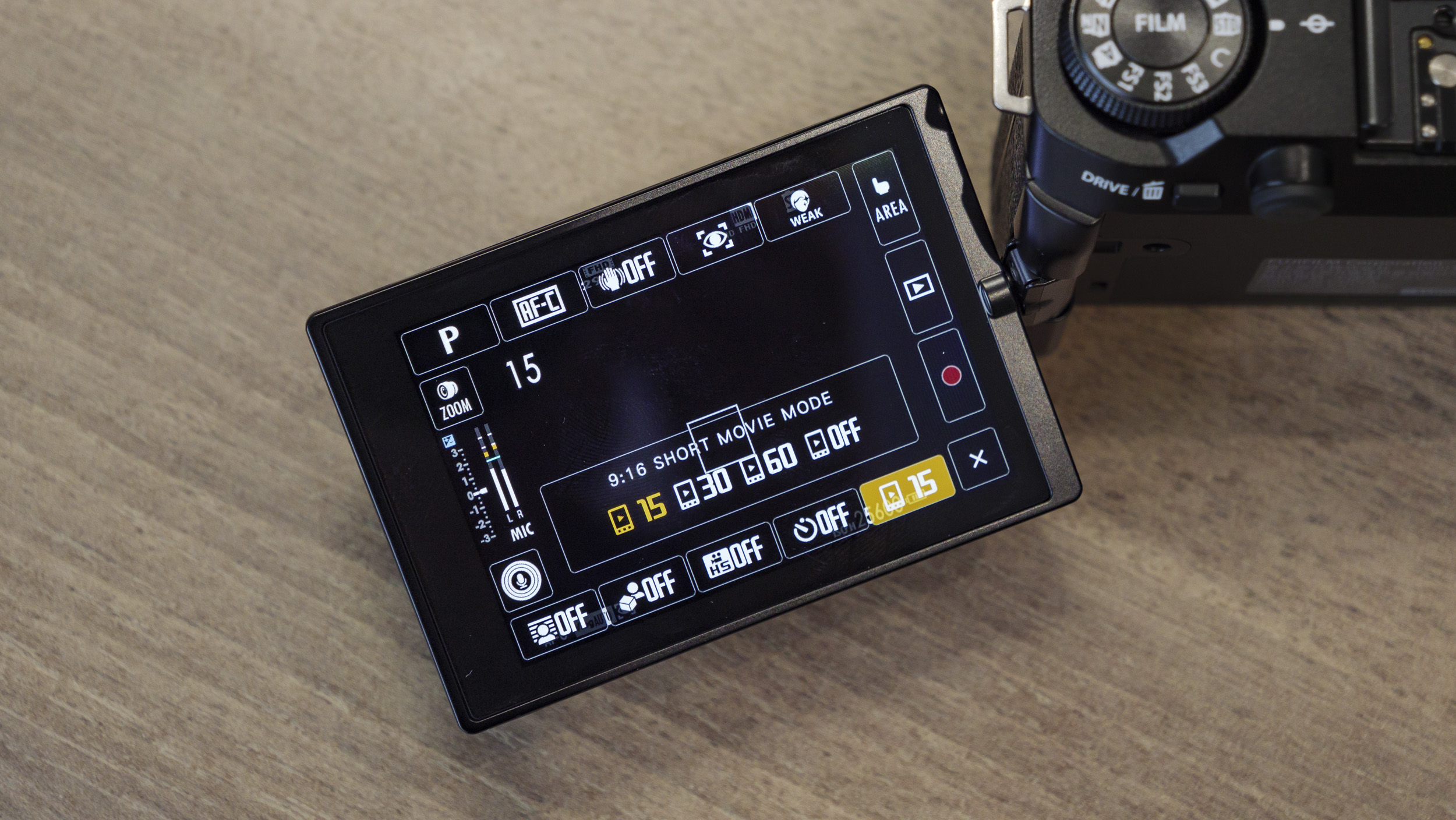 Closeup of the Fujifilm X-M5's screen with new UI and the 9:16 portrait video mode