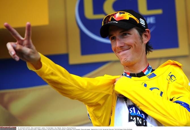 Andy Schleck celebrates his maillot jaune in the 2010 Tour de France