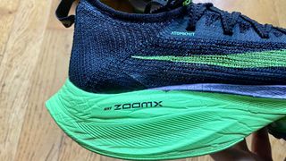 A photo of the ZoomX midsole in the Nike Air Zoom Alphafly Next% Flyknit
